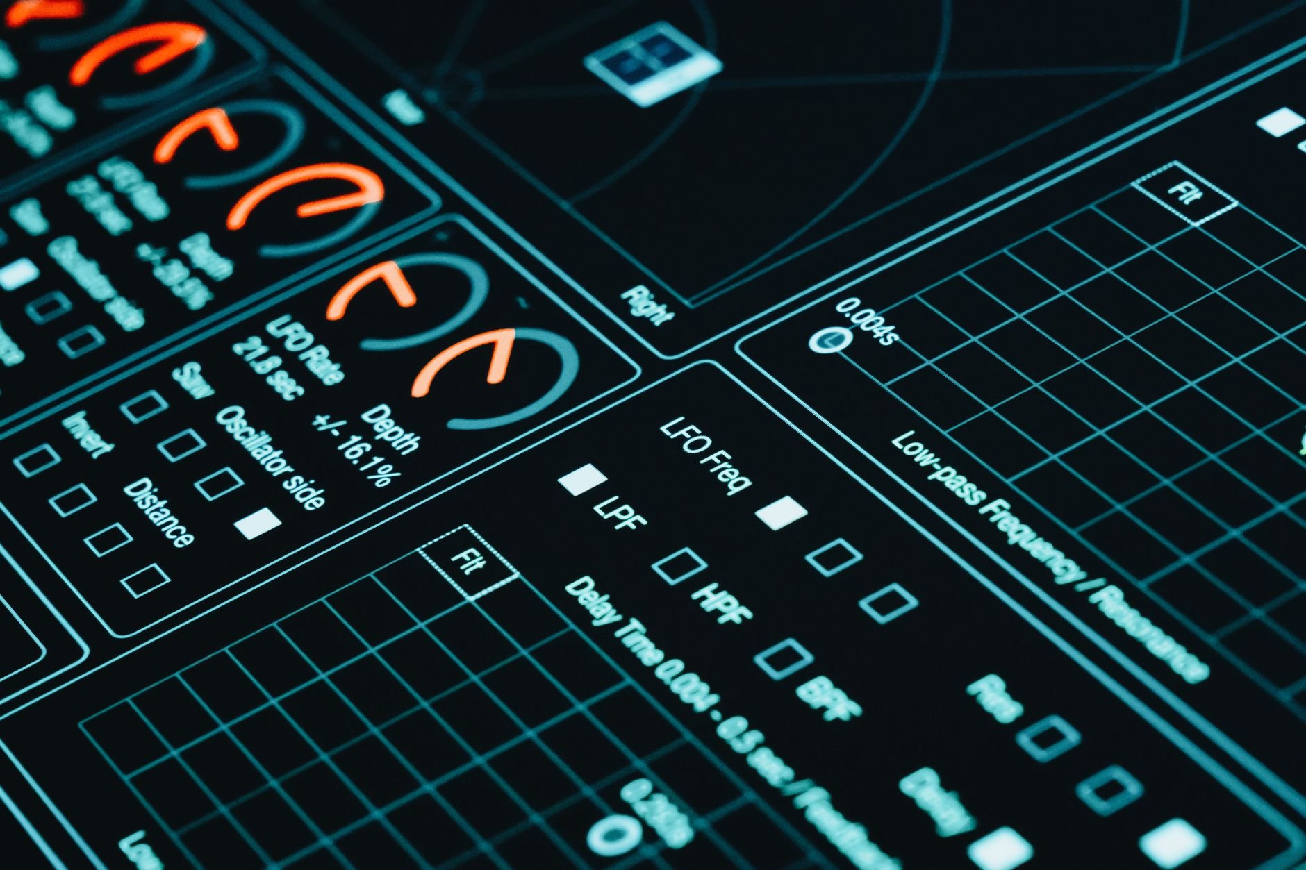 Digital analytics dashboard with futuristic graphs in low light